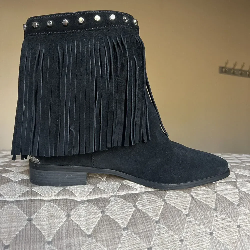 Michael Kors Silver Studded Black Suede Boots Fringe Western Cowgirl Women 8.5 - Picture 3 of 16